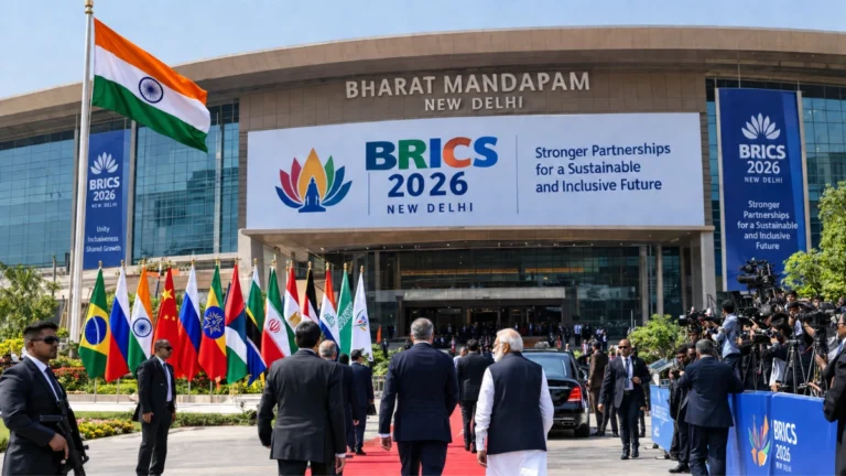BHARAT MANDAPAM GLOWS AHEAD OF BRICS 2026 AS DELHI PREPARES FOR GLOBAL LEADERS